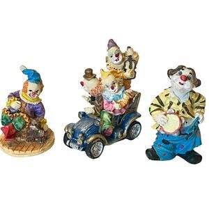 Circus Clown Figurines Set 3 Tambourine Jalopy Car Toto Dog Cake Toppers Vintage